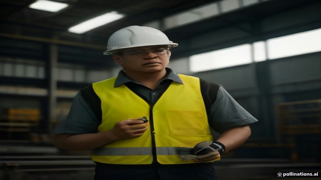 Ahli kesehatan dan keselamatan kerja melakukan inspeksi keselamatan di area pabrik industri.